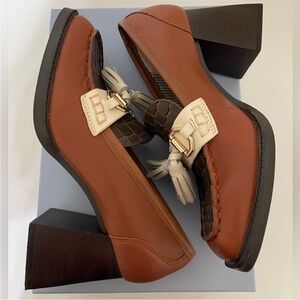 ANTONIO MELANI Bailee Brown Cream Chunky Heel Crocodile Embossed Tassel Top Shoe